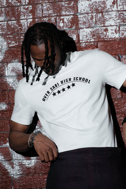 White OSHS Co-Ordinated T-Shirt by OVERSABI HIGH SCHOOL, front view showing logo and casual fit.